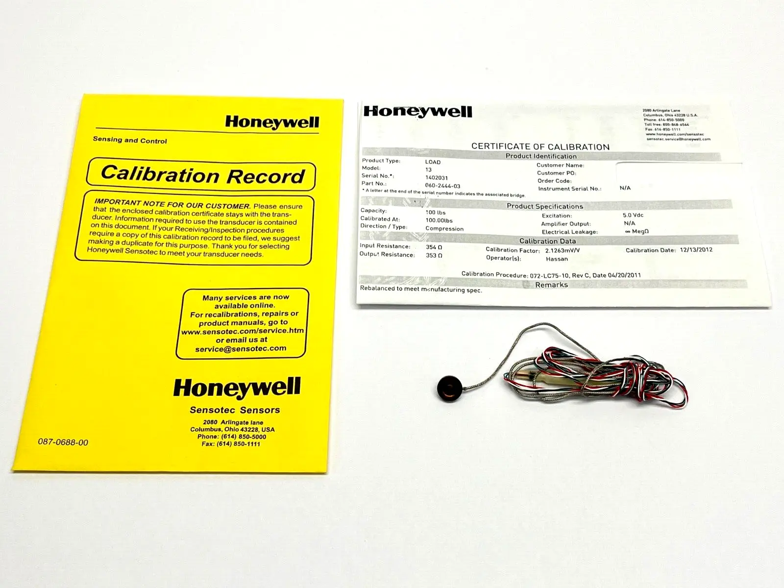 060-2444-03 | Honeywell  Subminiature Load Cell 100lbs Range 5VDC - Used