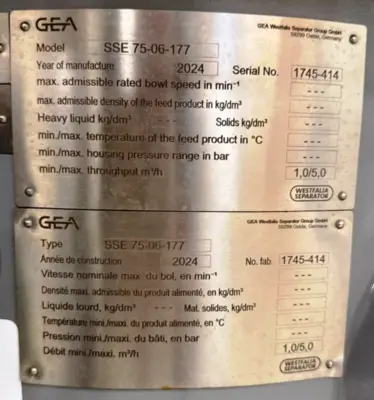 (3) Westfalia SSE 75-06-177 Hydrostop clarifier centrifuges, 316SS.