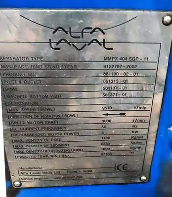 Alfa-Laval MMPX 404 SGP-11 oil purifier, 316SS.