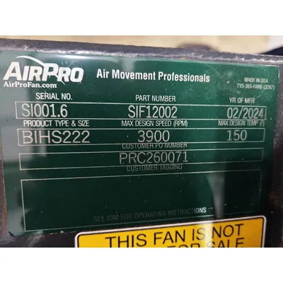 Used AIRPRO FAN & BLOWER COMPANY BIHS222 Centrifugal Fans West Virginia US | JM Industrial #1323299
