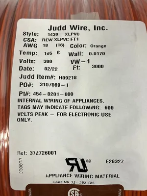 NEW JUDD WIRE 18 AWG WIRE, ORANGE, STYLE 1430, XLPVC 300V  16/30