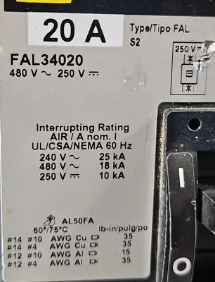 Square D FAL34020 CIRCUIT BREAKER INTERRUPTOR 20A. Loc5E-16