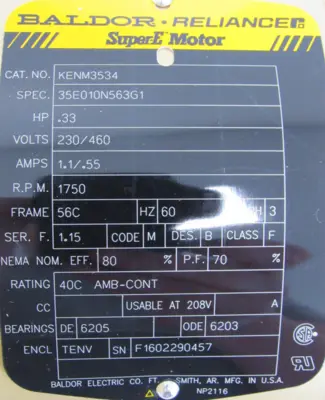 NEW BALDOR KENM3534 MOTOR .33HP 230/460V 56C 1750RPM