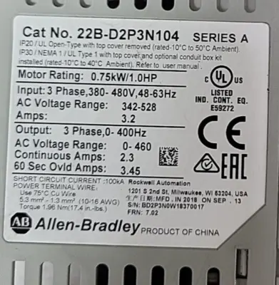 Allen Bradley 22B-D2P3N104 22BD2P3N104 Series A PowerFlex 40 AC Drive(BIN3.3.1)