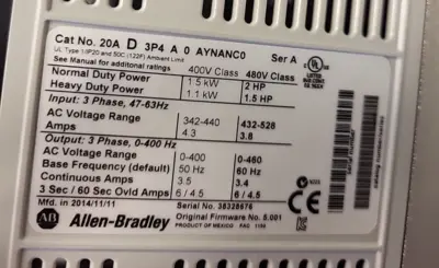 Allen-Bradley Power Flex 20AD3P4A0AYNANC0 Ser.A (BIN3.2.2)