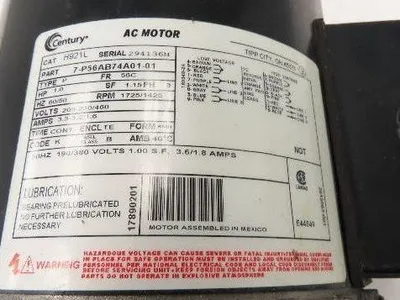 Century H921L AC Motor 1Hp 1725rpm 200-230/460v 3ph 56C TE