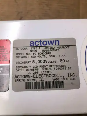 Actown FG-50600BAB Outdoor Neon Transformer 120V 60Hz 3.1A / 5000V 60mA