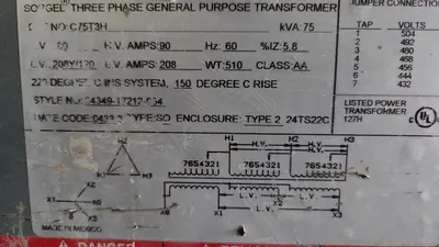 USED SQUARE D COMPANY 75 KVA TRANSFORMER