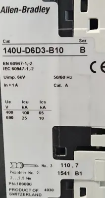 Allen Bradley 140U-D6D3-B10 /B Circuit Breaker 3 Pole 1A loc4C3