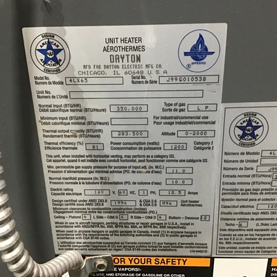 Dayton 4LX65 Unit Heater – Gray 350K BTU 120V 60Hz 1Ph 12.5A