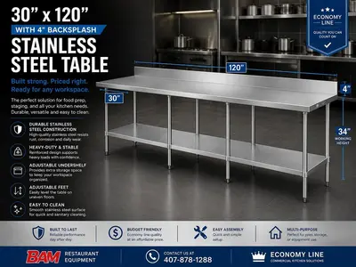 30”X120” 4" Backsplash Stainless Steel Table