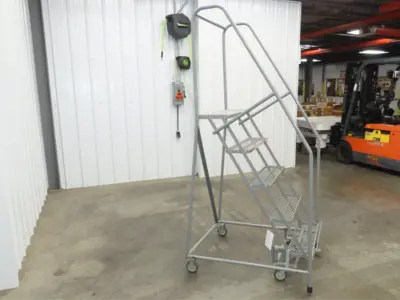 Uline H-84-110 Rolling Ladder 5 Step 10" Work Platform 50" Top Step 450lbs