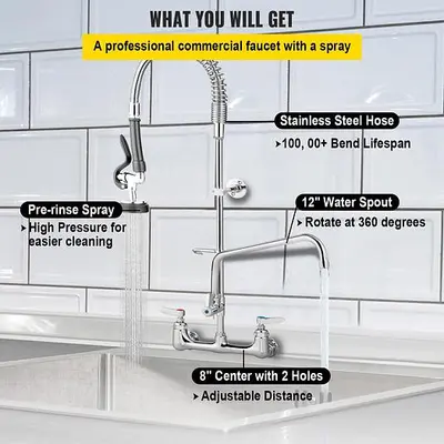 Commercial Pre-rinse Faucet Wall Mount Kitchen Sink Faucet 8" w/ Sprayer