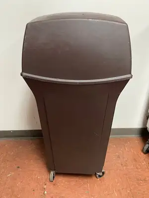 Used Rubbermaid Used Rubbermaid 35 Gallon Plastic Square 2 Door Trash Can on Casters - FG9 - SS406 Bins Illinois US | Falcon Restaurant Supply #1373570