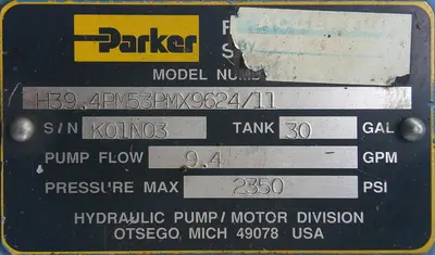 SPC9249  Pump 15 hp Parker hydraulic power unit, model H39.4PM53PMX9624/11, 30 gal reservoir tank, 2350 psi
