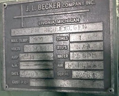 Used JL BECKER Exothermic Gas Generator Exothermic Atmosphere Generator Furnaces Michigan US | Heat Treat Equipment Co. #59827