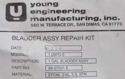 NEW YOUNG ENGINEERING 1.0BPD-E BLADDER REPAIR KIT 1 GAL 88-07501-E