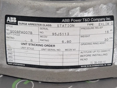 ABB Q008PA007B Station Class Surge Arrestor Type EXLIM Q 6.80 MCOV 16kA NCC Used