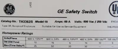 NEW GENERAL ELECTRIC TH3362R SAFETY SWITCH MODEL 10 60A