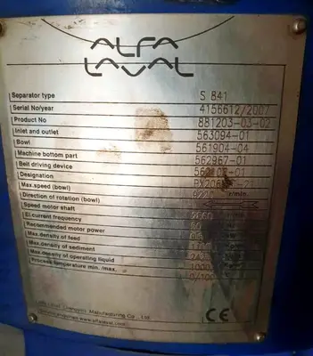 Alfa-Laval S-841 fuel/lube oil purifier, 316SS.