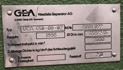 Westfalia UCA 450-00-02 decanter centrifuge, 316SS.