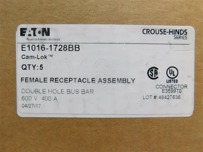 Box of 5 EATON E1016-1728BB Double Hole Bus Bar Female Receptacle Assembly Sealed