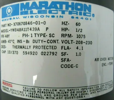 NEW MARATHON 48A11T439 MOTOR .5HP 208-230V RPM 1075 YWB48A11T439A X70670846-01-0