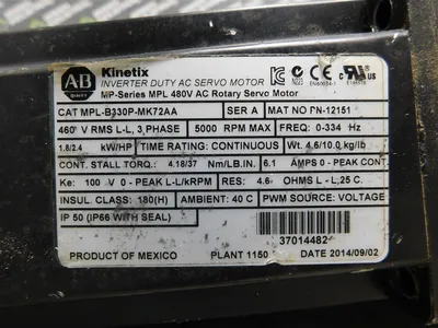 Allen-Bradley MPL-B330P-MK72AA Kinetix Inverter Duty AC Servo Motor Series A