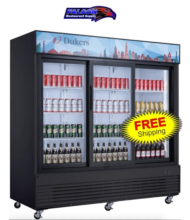 New | in-Stock Dukers New Dukers DSM-68SR Commercial Glass Sliding 3-Door Merchandising Reach-in Cooler Refrigerator Display Refrigerators Illinois US | Falcon Restaurant Supply #1376366