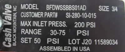 NEW CASH VALVE BFDWSSBBS01AD PRESSURE REDUCING VALVE 3/4" SET AT 50PSI