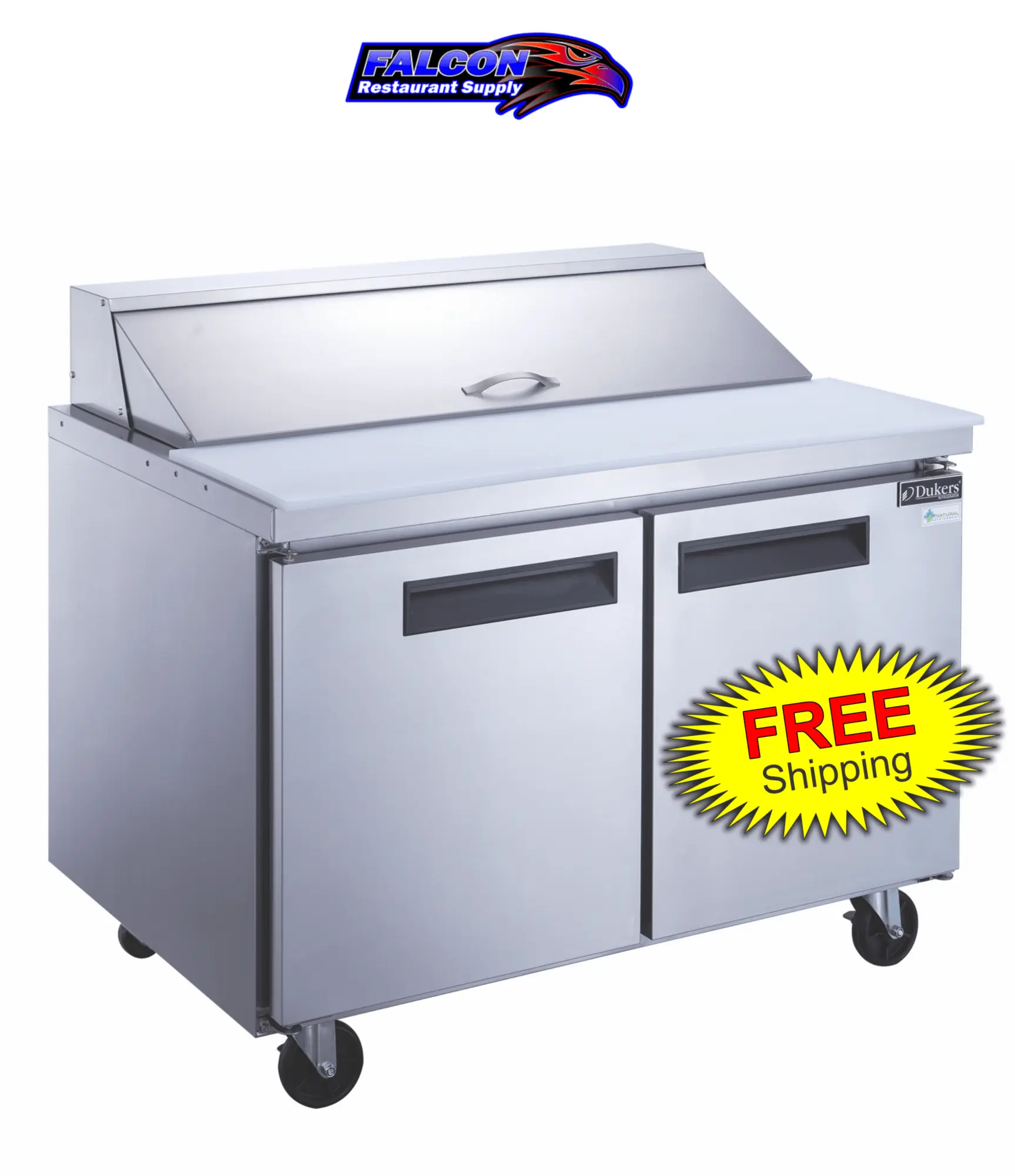New | in-Stock Dukers New Dukers DSP48-12-S2 2-Door Commercial Food Prep Table Refrigerated in Stainless Steel Food Prep Tables Illinois US | Falcon Restaurant Supply #1376290