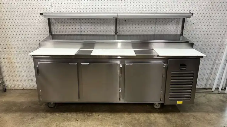 Used Kairak Used 91" Kairak KBP-91S 3 Door Refrigerated Stainless Steel Prep Table - 115V - JJ - 2 Food Prep Tables Illinois US | Falcon Restaurant Supply #1373526
