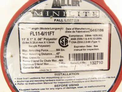 Miller FL11-6/11FT Minilite Fall Limiter 11' Lanyard w/Swivel Shackle Rebar Hook