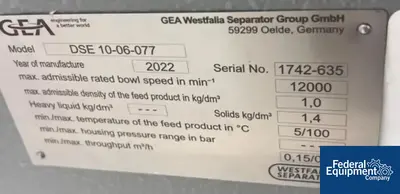USED GEA GEA Westfalia Clarifier, Model DSE 10-06-077