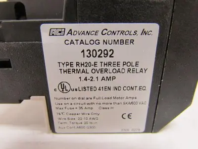 ACI 130292 RH20-E Three Pole Thermal Overload Relay 1.4-2.1 Amp NEW