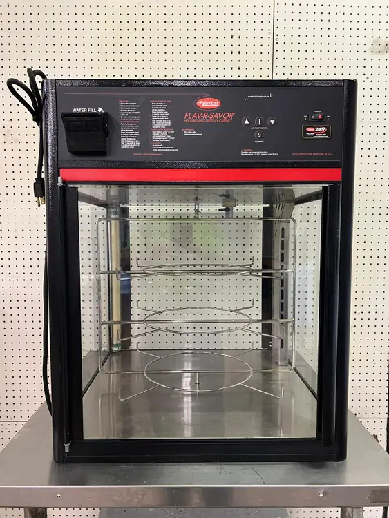 Used Hatco Used Hatco FSD-2 Two Door Heated Pizza Display Cabinet w/Circle Rack and Motor 120V Heated Cabinets & Displays Illinois US | Falcon Restaurant Supply #1375654