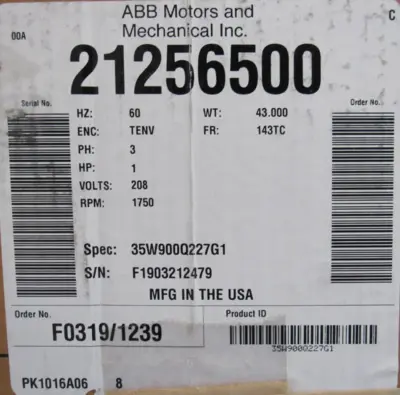 NEW BALDOR 21256500 MOTOR 1HP 208V 1750 RPM 143T 35W900Q227G1