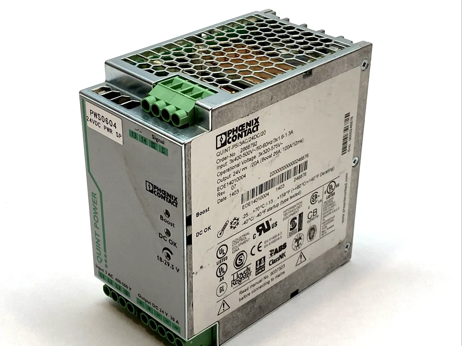 USED PHOENIX CONTACT POWER SUPPLY 24VDC 20A DIN RAIL 2866792