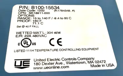 NEW UNITED ELECTRIC B100-15534 TEMPERATURE CONTROLLER 15 to 40 F B10015534