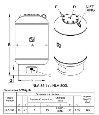 SPC7640  Tank 35 gallon vertical tank, CS, 125 PSI at 240 degrees F internal, dish Hydronic Expansion Tank