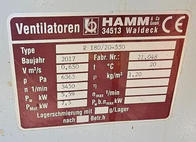 USED 2017 HAMM VENTILATOREN R 180/20-550
