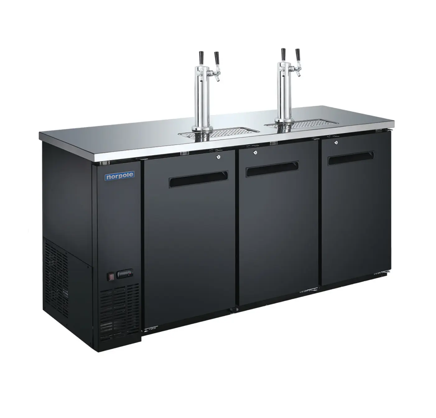 Magic Chef THREE 1/2 BARREL COMMERCIAL BEER KEG COOLER, WITH 2 DIRECT DRAW TAPS IN BLACK