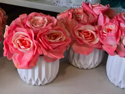 Lot of (5) Silk Faux Rose Boquet Arrangement in White Ceramic Vase (pink)