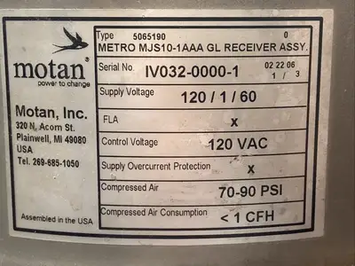 USED MOTAN METRO VACUUM RECEIVER ASSEMBLY W/ NUMATICS MODULE