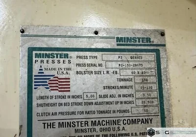 Used 1996 MINSTER P2-150-60 PIECEMAKER Straight Side Presses Michigan US | S & G Press and Machinery Sales #1371224
