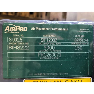 Used AIRPRO FAN & BLOWER COMPANY BIHS222 Centrifugal Fans West Virginia US | JM Industrial #1323297