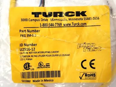 New | in-Stock Turck Picofast Actuator and Sensor Cordset M8 Female 3-Pin U2516-12 Cable & Wire Michigan US | Maverick Industrial Sales #1390858