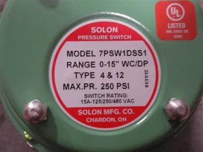 Solon 7PSW1DSS1 Pressure Switch 0-15" WC/DP 250 max. PSI New NIB