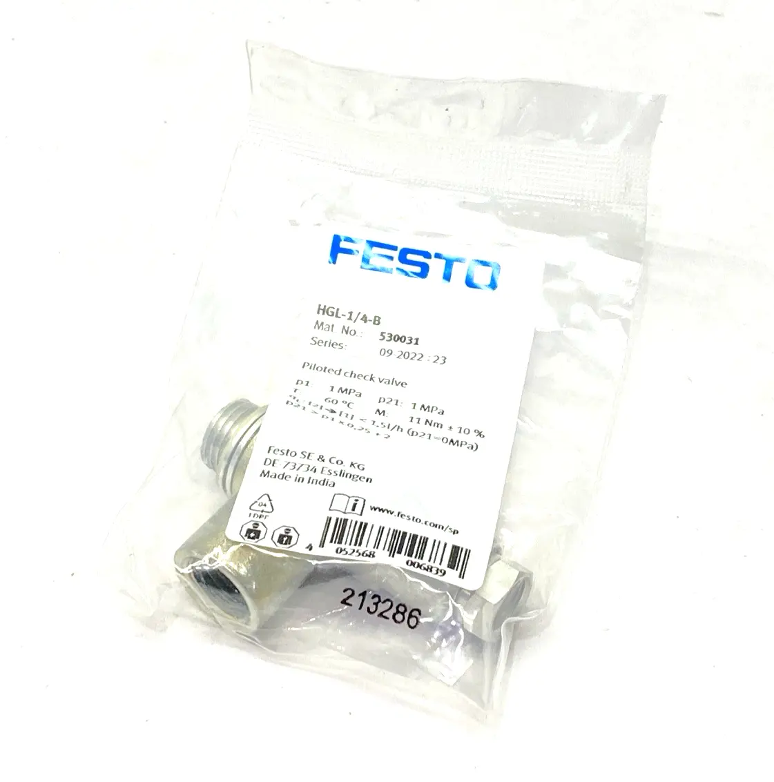 NEW FESTO PILOTED NON-RETURN CHECK VALVE 530031