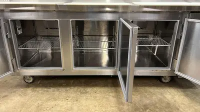 Used Kairak Used 91" Kairak KBP-91S 3 Door Refrigerated Stainless Steel Prep Table - 115V - JJ Food Prep Tables Illinois US | Falcon Restaurant Supply #1373551